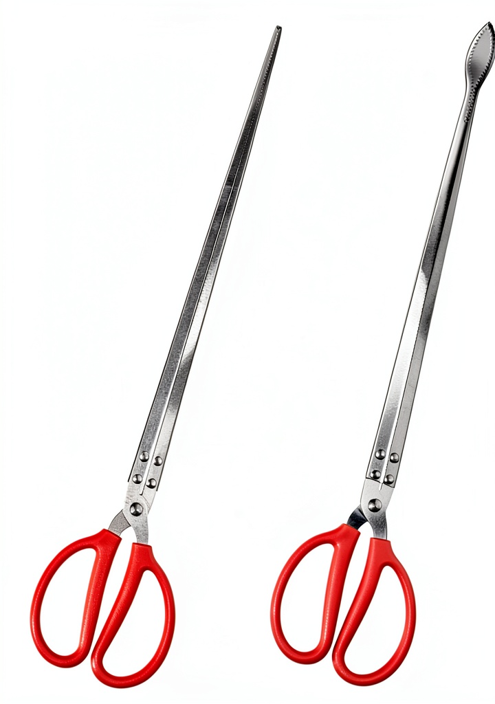 FASPLORE stainless steel tongs with straight and curved heads on a neutral background