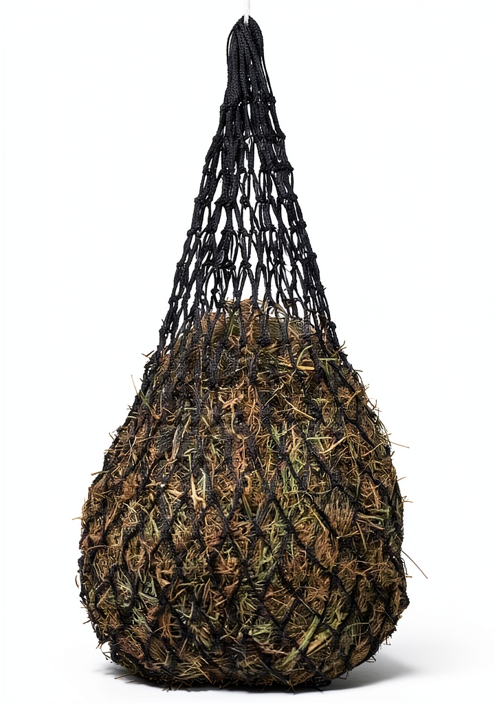 Weaver Equine 36 inch black hay net hanging in a stable